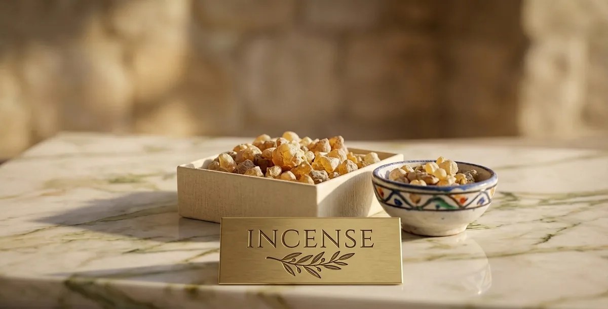Incense resin displayed in a wooden box and Palestinian ceramic bowl