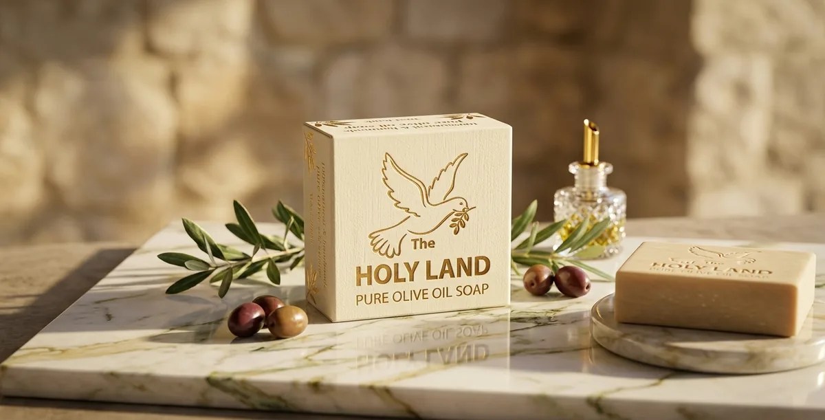 Olive oil soap box and bar arranged with olive branches