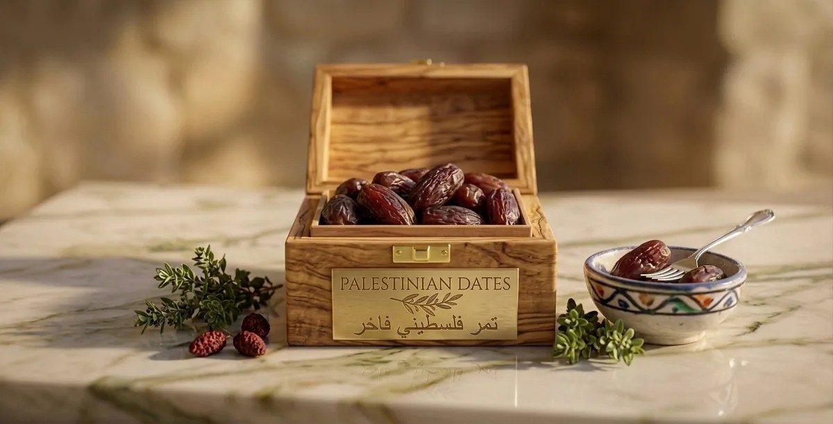 Palestinian dates presented in an open olive-wood box and ceramic bowl