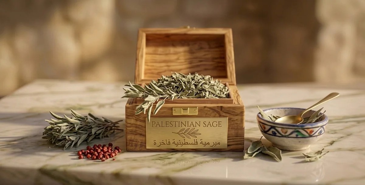 Palestinian sage leaves presented in an open olive-wood box with a ceramic bowl