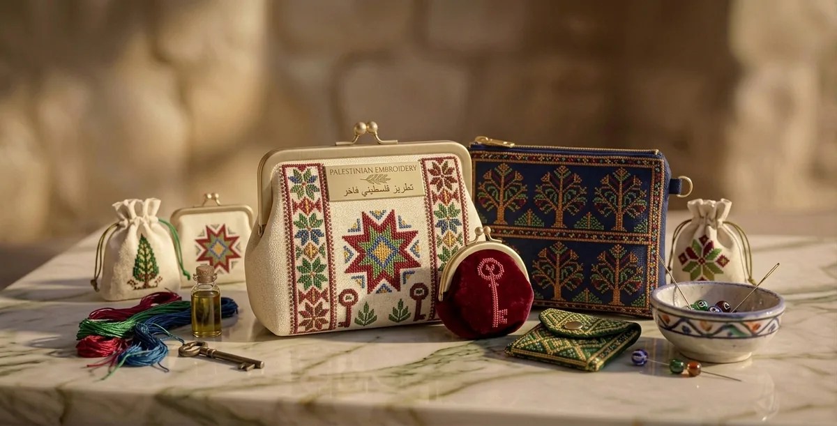Palestinian embroidered purses and pouches arranged with thread and sewing tools