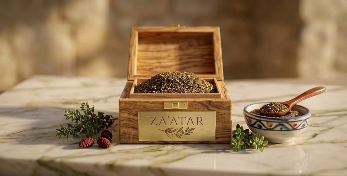 Za’atar presented in an open olive-wood box with herbs and a ceramic bowl